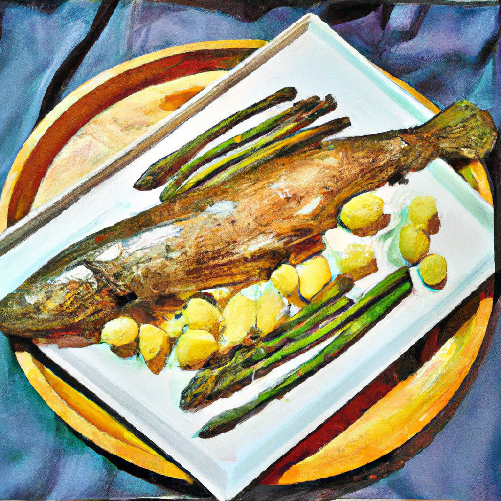 Whole Roasted Trout with Potatoes, Asparagus, and Thyme-Garlic Dip